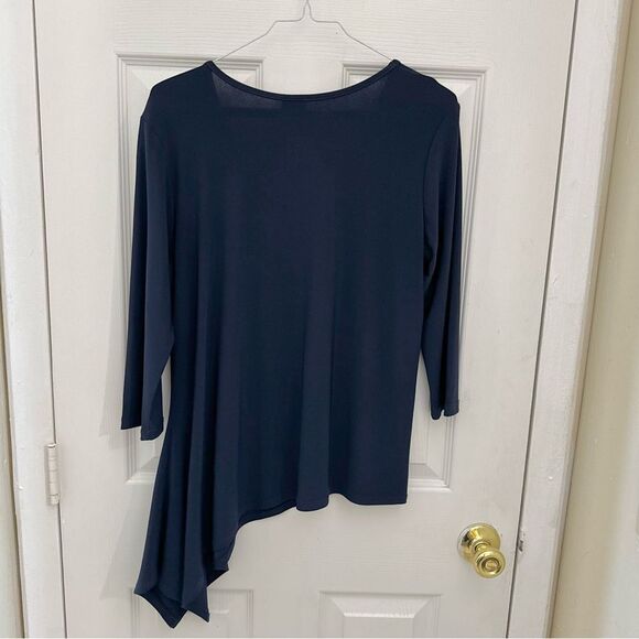 Clara Sun Woo Asymmetrical Hem Blouse Size Medium Navy Blue Flowy Artsy - Picture 2 of 4